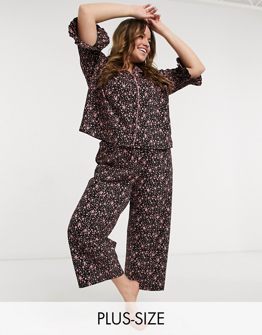 Wednesday's Girl Curve pyjama set with button front shirt & trousers in pink star print