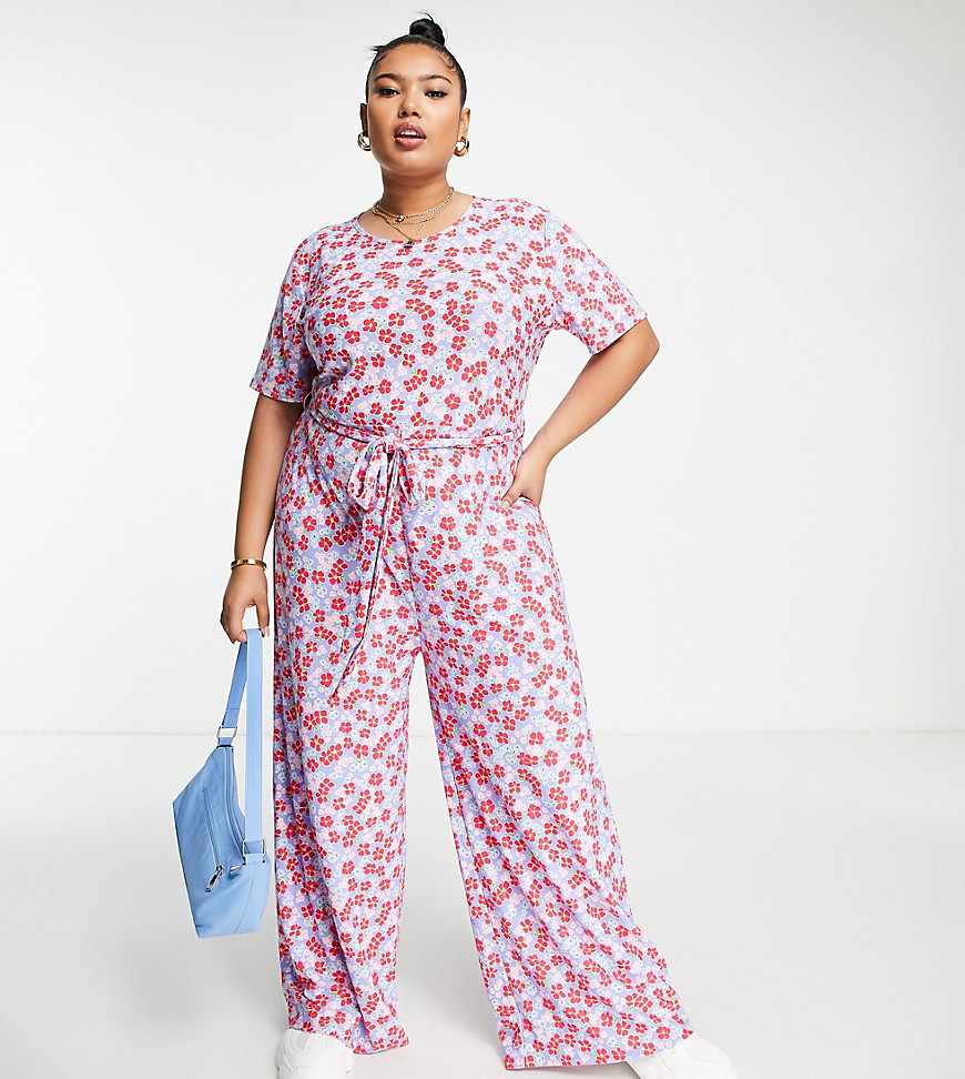 Wednesday's Girl Curve relaxed belted jumpsuit in bright floral-Blue