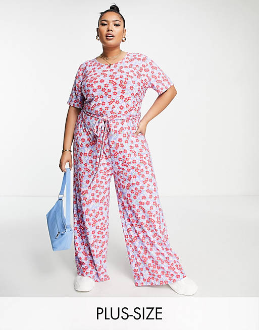 Wednesday's Girl Curve relaxed belted jumpsuit in bright floral
