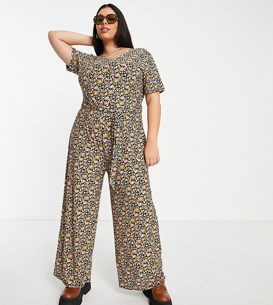 Wednesday's Girl Curve relaxed belted jumpsuit with wide leg in black floral