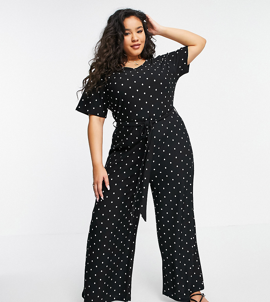 Wednesday's Girl Curve relaxed belted jumpsuit with wide leg in polka dot-Black