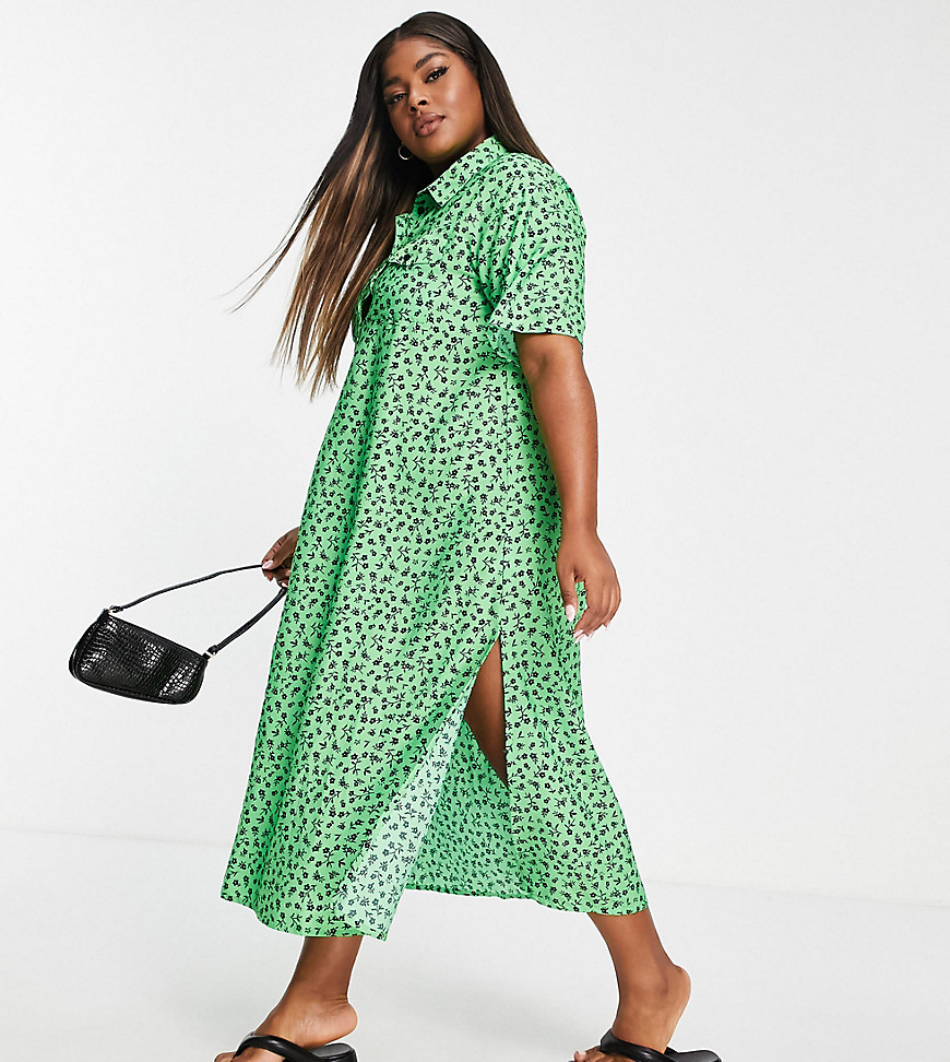Wednesday's Girl Curve relaxed midi shirt dress in ditsy floral-Green