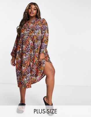 Wednesday's Girl Curve relaxed midi shirt smock dress in mixed ditsy floral