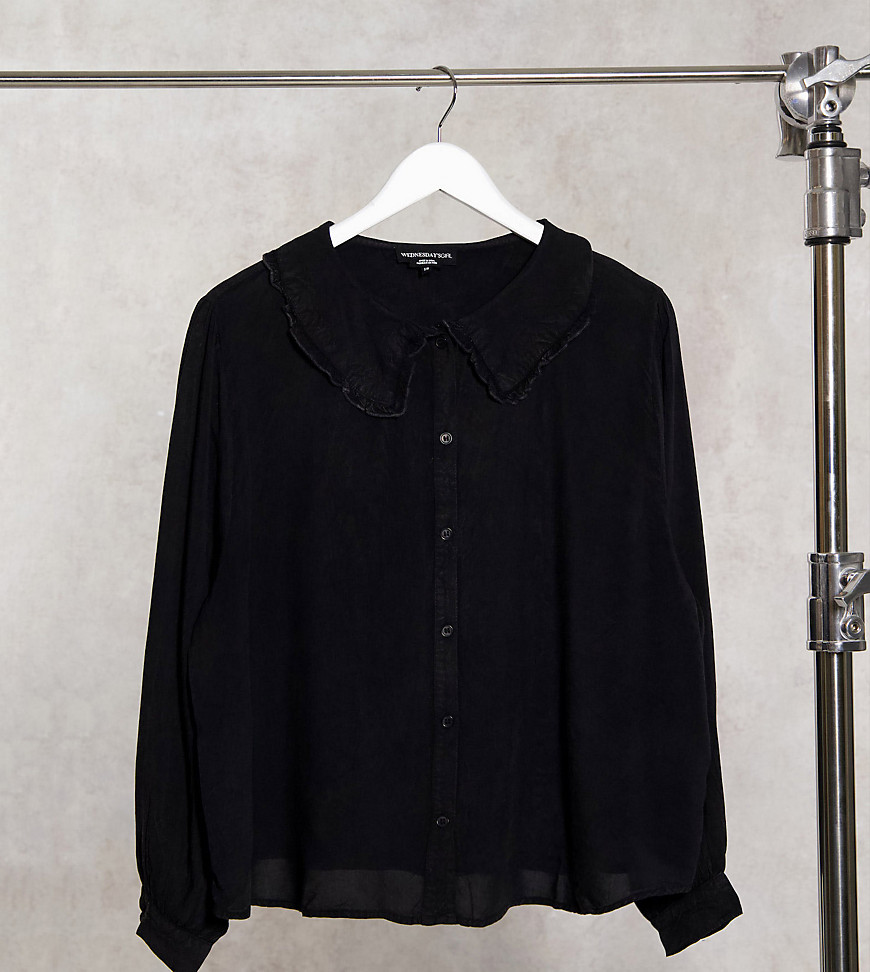 Wednesday's Girl Curve relaxed smock top with bib collar in washed denim-Black