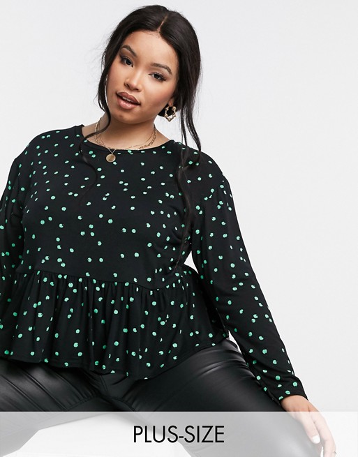 Wednesday's Girl Curve relaxed smock top with peplum hem in scattered spot
