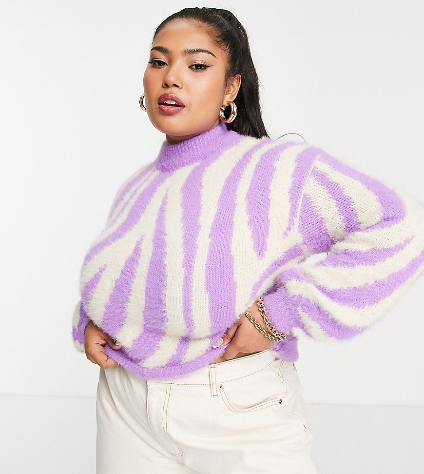 Wednesday's Girl Curve relaxed sweater with balloon sleeves in zebra knit-Purple