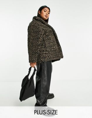 WEDNESDAY'S GIRL CURVE RELAXED ZIP UP BORG JACKET IN LEOPARD-MULTI