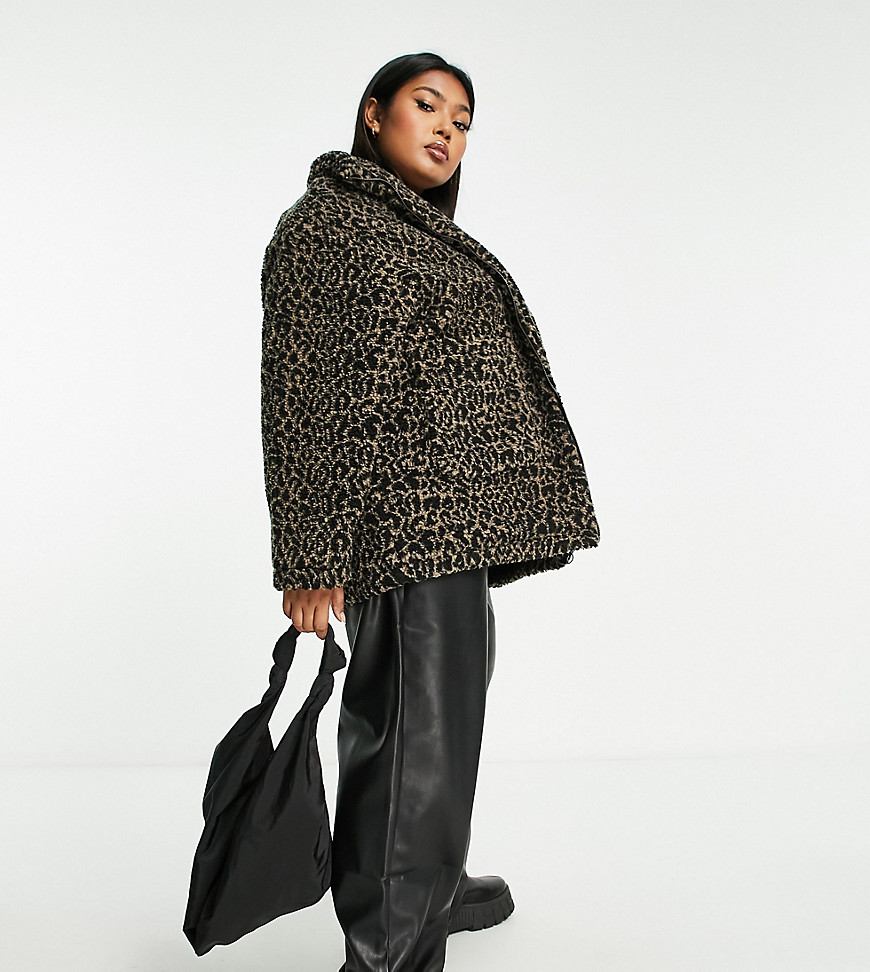 relaxed zip up borg jacket in leopard-Multi