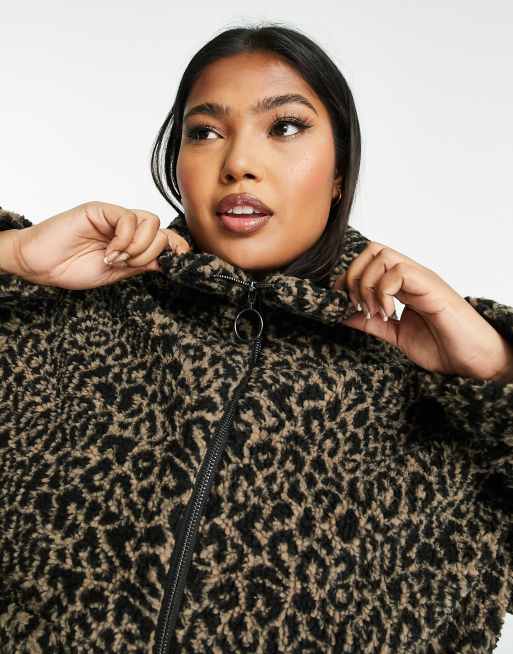 Wednesday s Girl Curve relaxed zip up borg jacket in leopard