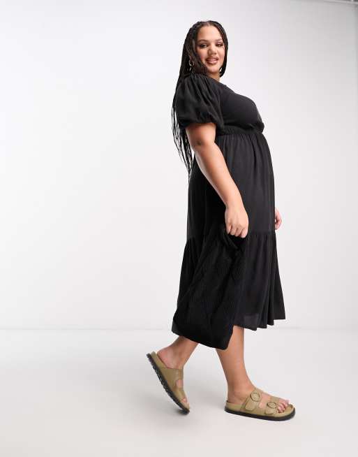 Wednesday's Girl Curve - Robe froncée mi-longue à manches bouffantes - Noir délavé