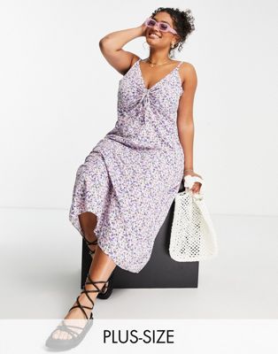 Wednesday's Girl Curve ruch bust cami midi slip dress in grunge lilac floral