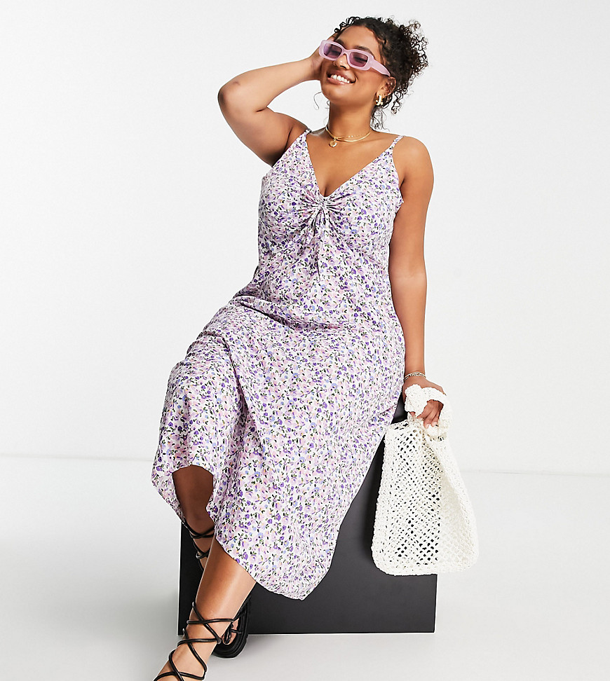 Wednesday's Girl Curve ruched bust cami midi slip dress in grunge lilac floral-Multi