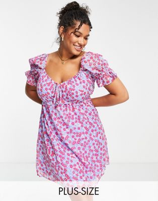 Wednesday's Girl Curve ruched bust mini tea dress in purple floral