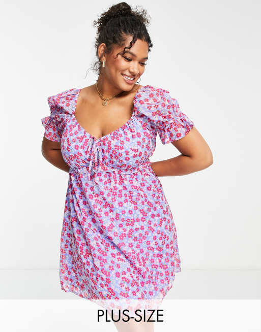 Wednesday's Girl Curve ruched bust mini tea dress in purple floral