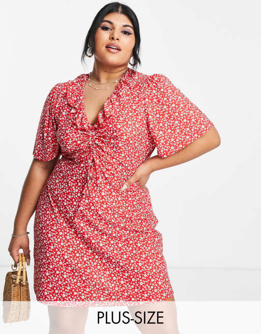 Wednesday's Girl Curve – Schwingendes Freizeitkleid in Rot mit geraffter Vorderseite, V-Ausschnitt und Blümchenmuster