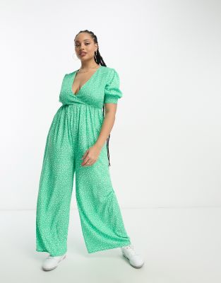 Shop Wednesday's Girl Curve shirred bust relaxed jumpsuit in green smudge Online – Trendy & Affordable Fashion