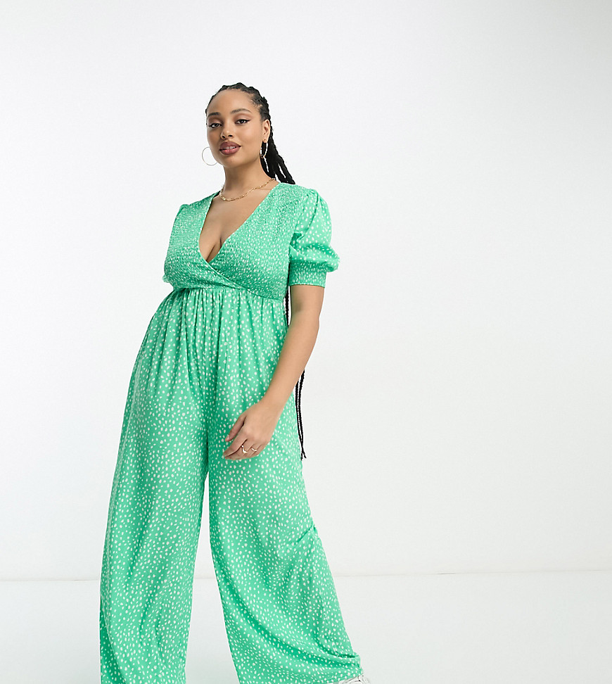 Wednesday's Girl Curve Shirred Bust Relaxed Jumpsuit In Green Smudge Spot