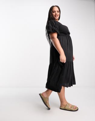 Wednesday's Girl Curve Shirred Puff Sleeve Midi Dress In Acid Wash Black