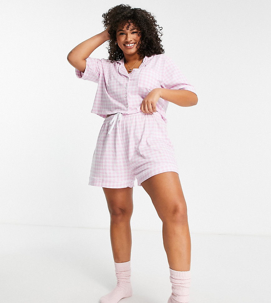 Wednesday's Girl Curve shirt and shorts pajama set in pink gingham-Purple