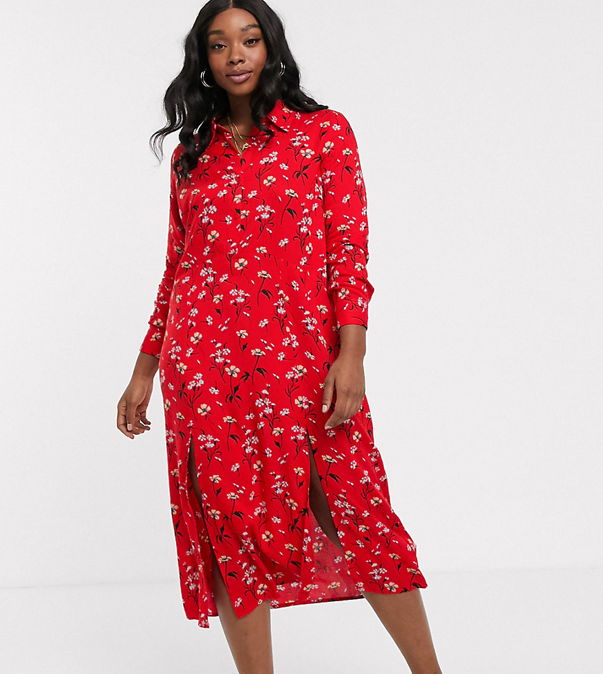 Wednesday's Girl Curve - Skjortekjole med lange ærmer og blomsterprint-Rød