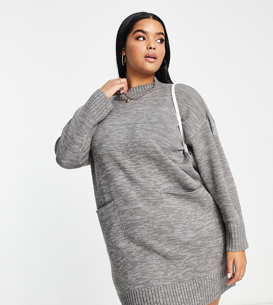 Wednesday's Girl Curve Slouchy Sweater Dress With High Neck In Gray Knit
