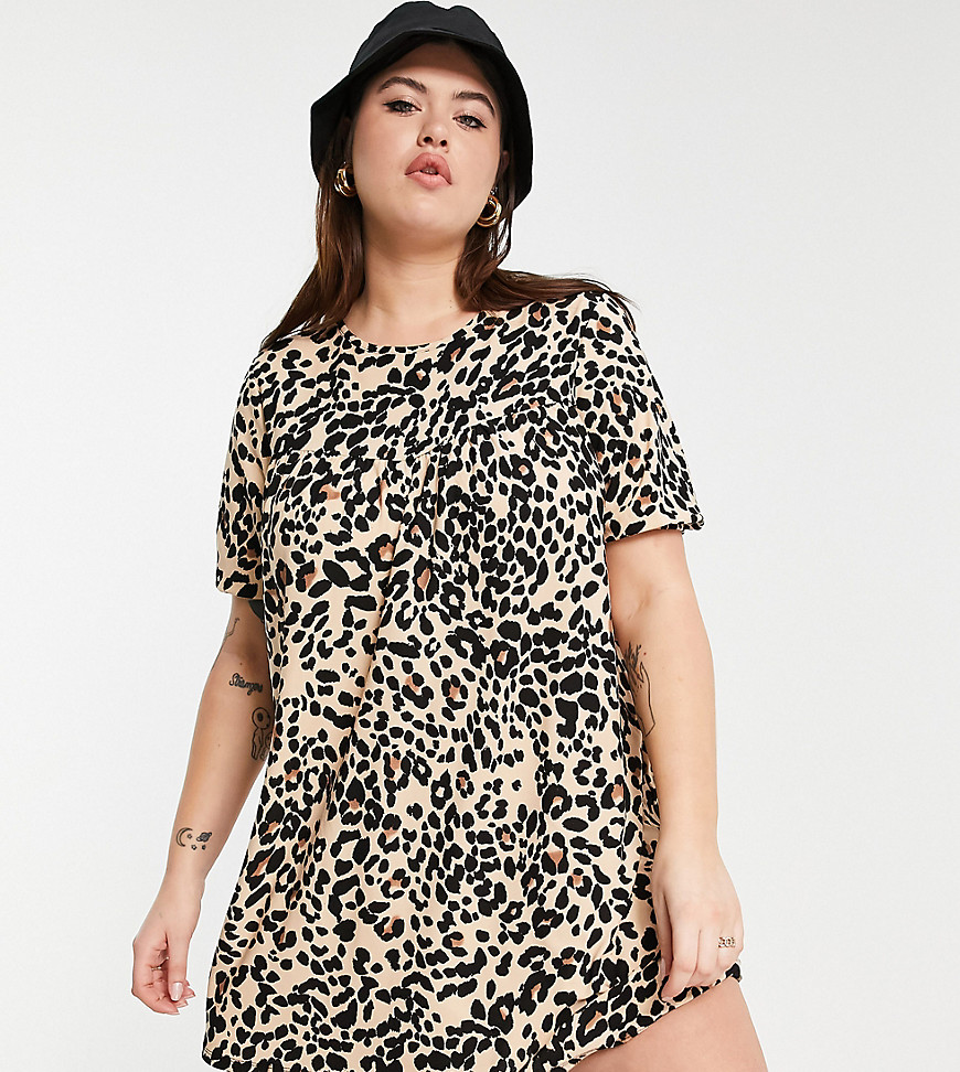 Wednesday's Girl Curve smock mini dress with pleated front in grunge leopard-Multi