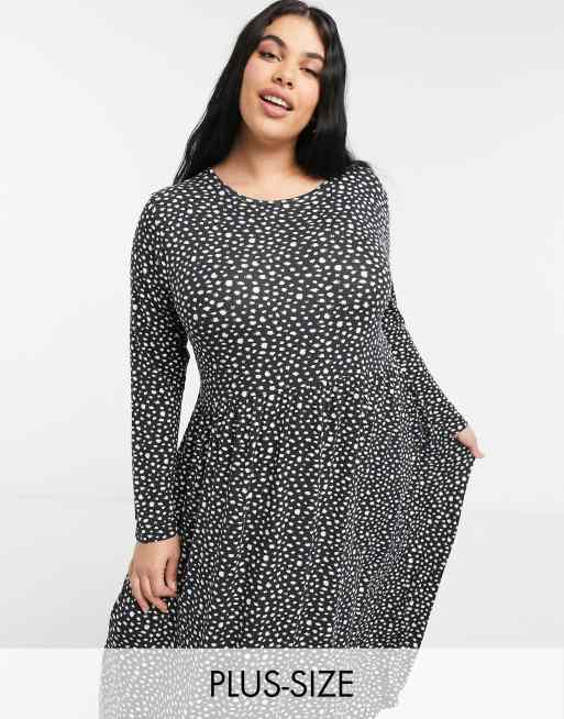 Wednesday's Girl Curve - Sort langærmet smock-midikjole med udtværede prikker
