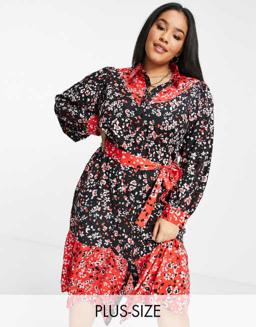 Wednesday's Girl Curve – Sukienka koszulowa midi z wiązaniem w talii i mieszanym kwiatowym wzorem