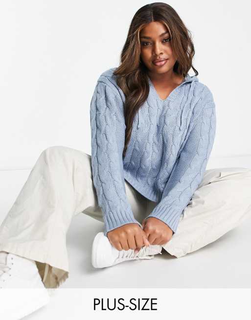 Wednesday's Girl Curve - Sweat à capuche en maille torsadée avec liens à l'encolure - Bleu