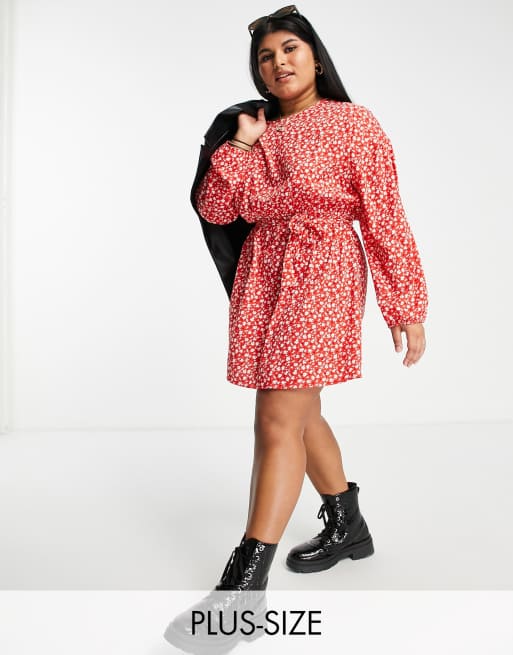Wednesday's Girl Curve - Swingjurk met lange mouwen en gestrikte taille in rood met fijne bloemenprint