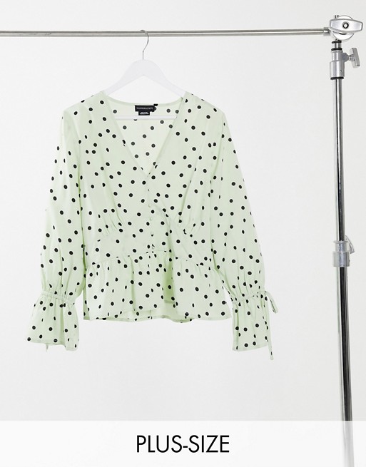 Wednesday's Girl Curve tea blouse with tie cuffs in scattered spot