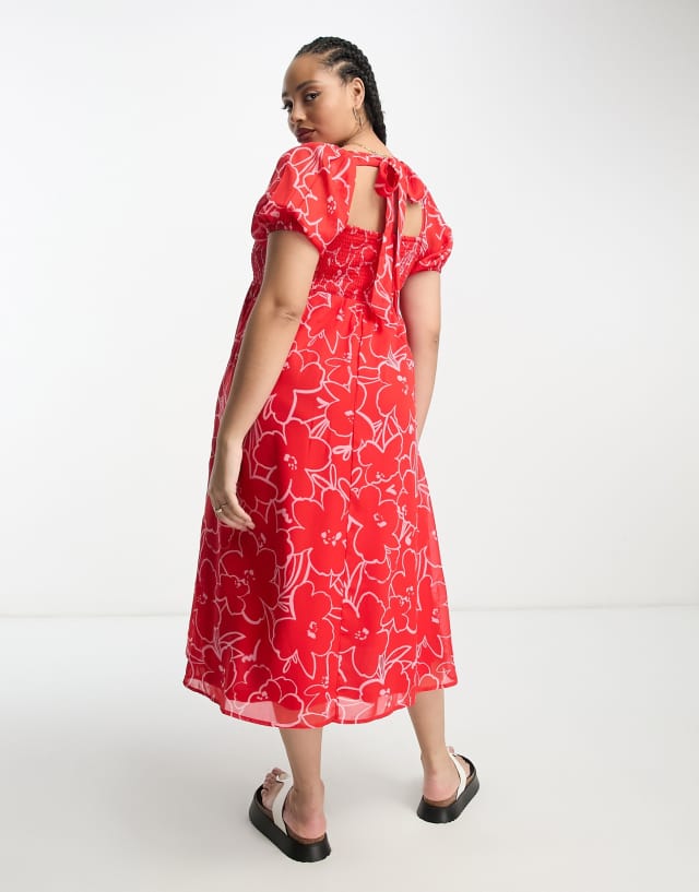 Wednesday's Girl Curve tie back shirred bust midi dress in pink red floral