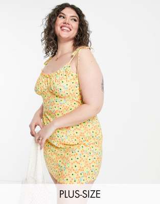 Wednesday's Girl Curve Wednesday's Girl Curve tie strap ruched bust cami dress in peach spring floral-Multi