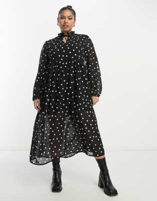 Wednesday's Girl Curve tiered polka dot midi smock dress in black - ASOS Price Checker