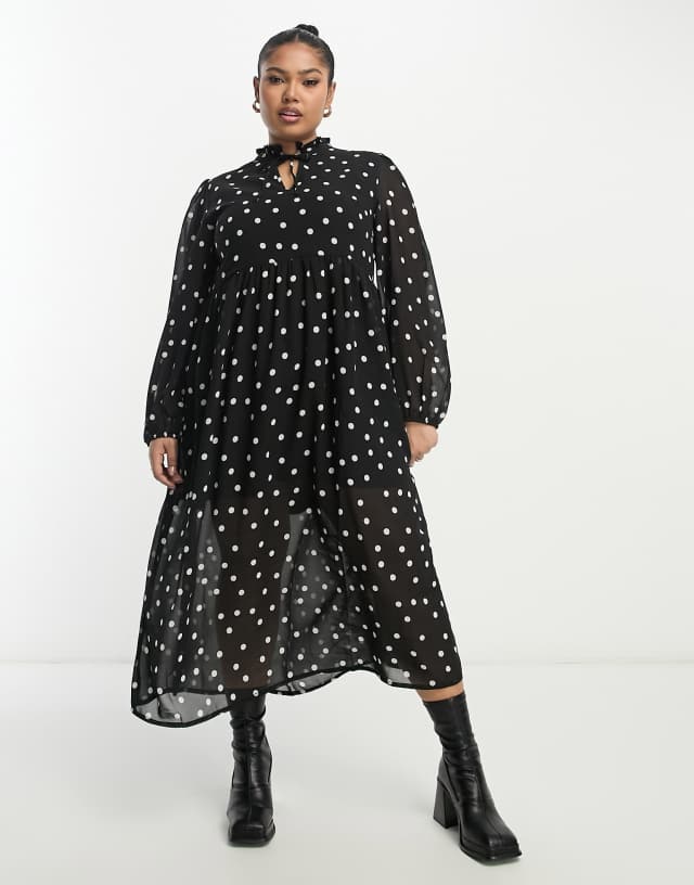 Wednesday's Girl Curve tiered polka dot midi smock dress in black