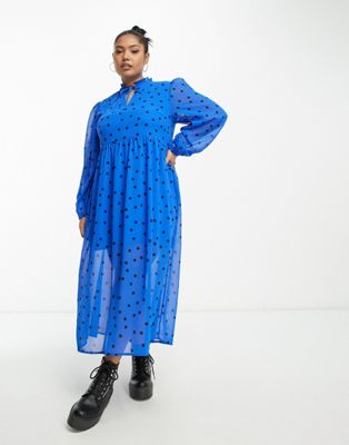 Wednesday's Girl Curve tiered polka dot midi smock dress in blue