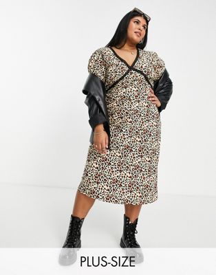 Wednesday's Girl Curve v-neck midi tea dress in leopard with lace trim