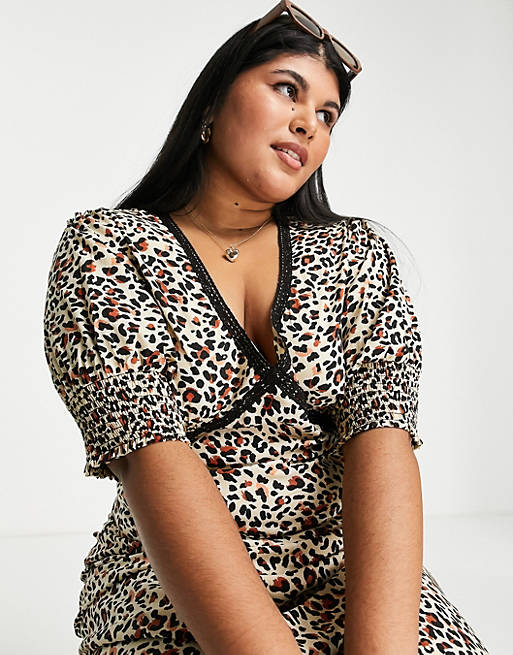Dresses Wednesday's Girl Curve v-neck midi tea dress in leopard with lace trim 