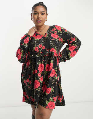 Wednesday's Girl Curve v neck mini smock dress in rose print - ASOS Price Checker