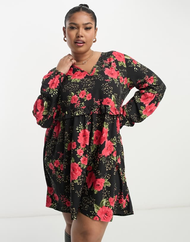 Wednesday's Girl Curve v neck mini smock dress in rose print