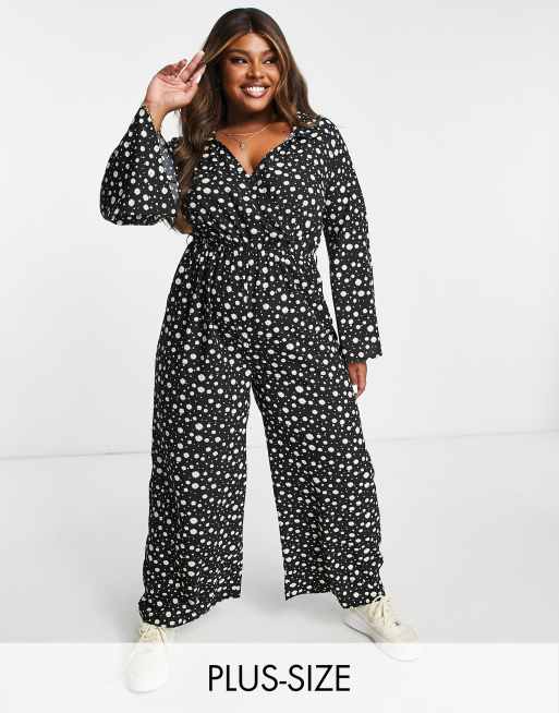 Wednesday's Girl Curve v-neck wide leg long sleeve jumpsuit in ditsy | ASOS