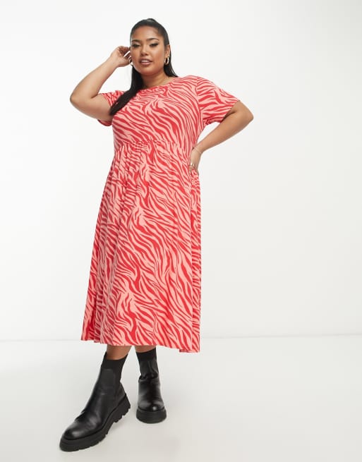 Wednesday's Girl Curve - Vestito grembiule midi comodo con stampa zebrata rosa e rosso