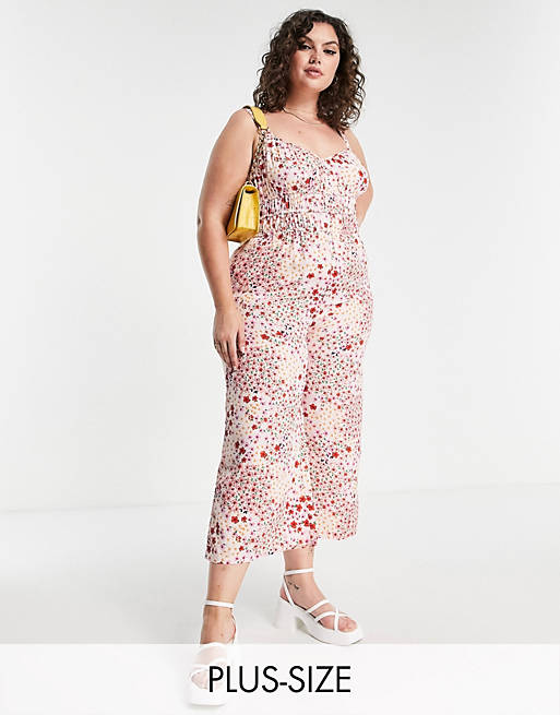 Wednesday's Girl Curve wide leg cami jumpsuit in pink ditsy floral
