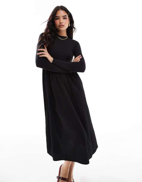 Wednesday's Girl long sleeve volume skirt midi dress in black