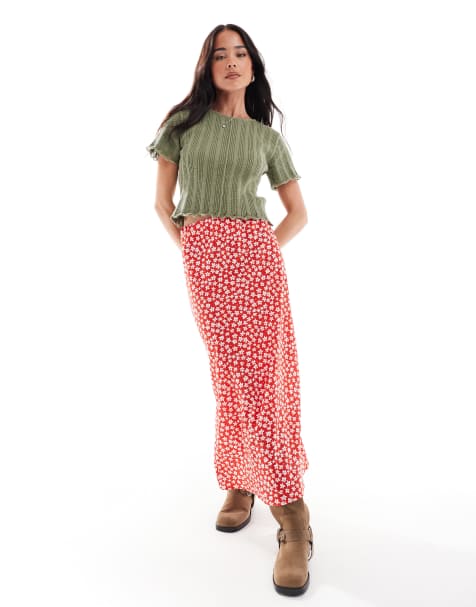 Wednesday's Girl ditsy print bias cut midi skirt in red