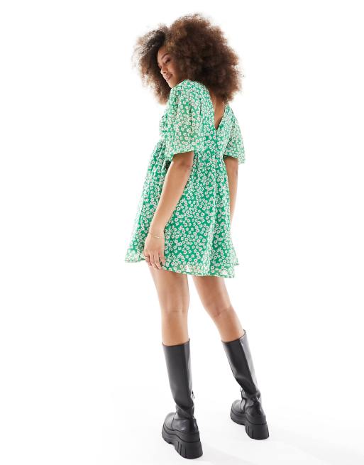 Wednesday s Girl deep v floral print mini smock dress in green ASOS