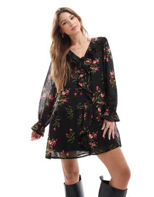 delicate floral ruffle wrap dress in black