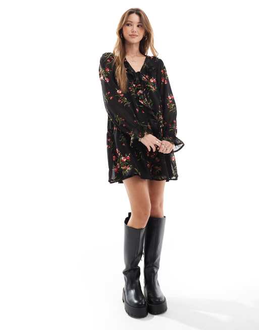 Wednesday's Girl delicate floral ruffle wrap dress in black