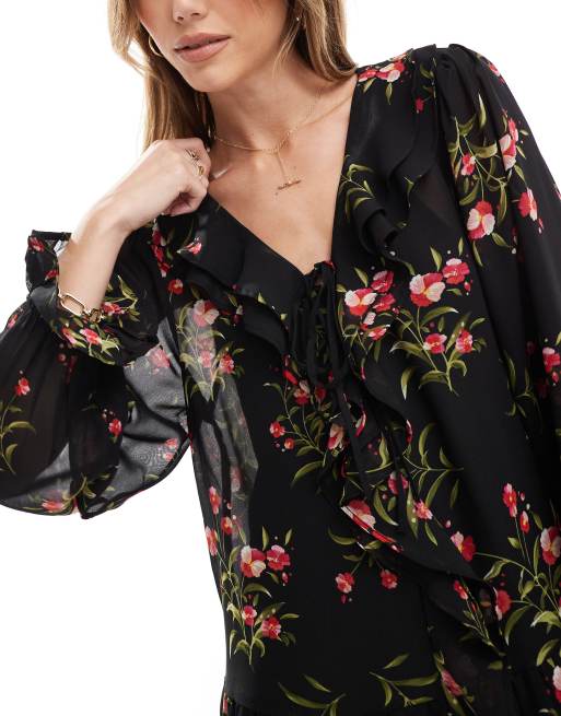 Wednesday's Girl delicate floral ruffle wrap dress in black