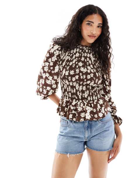 Wednesday's Girl delicate floral shirred puff sleeve blouse in brown - view 1